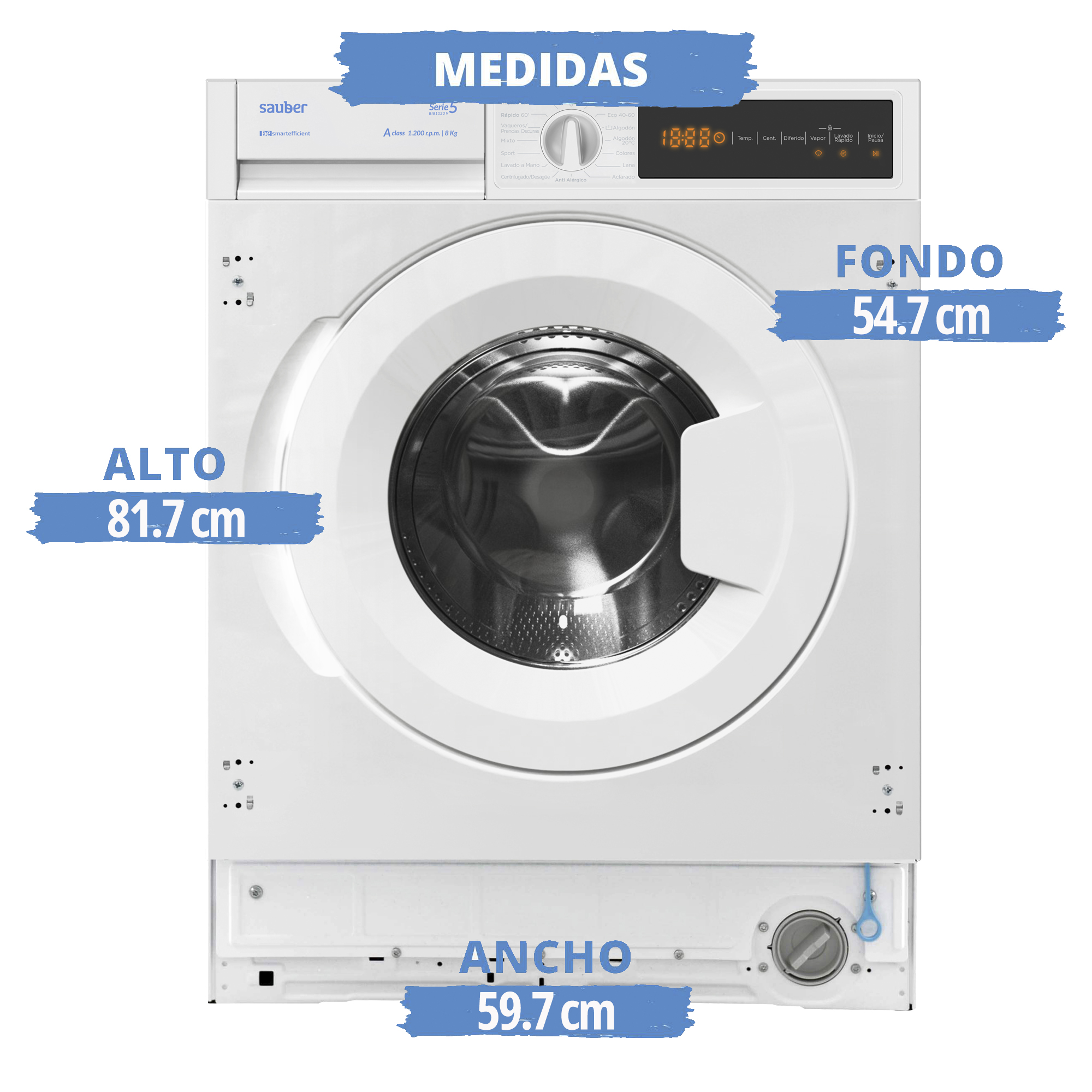 Lavadora blanca con dimensiones etiquetadas. Una puerta en el centro. El fondo es blanco.