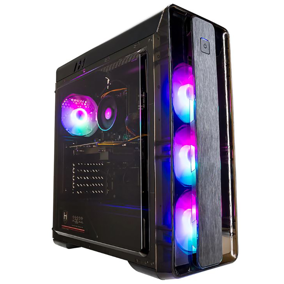 Schwarzes Computergehäuse mit durchsichtiger Seite, interne Komponenten sichtbar. RGB-Lichter an.
