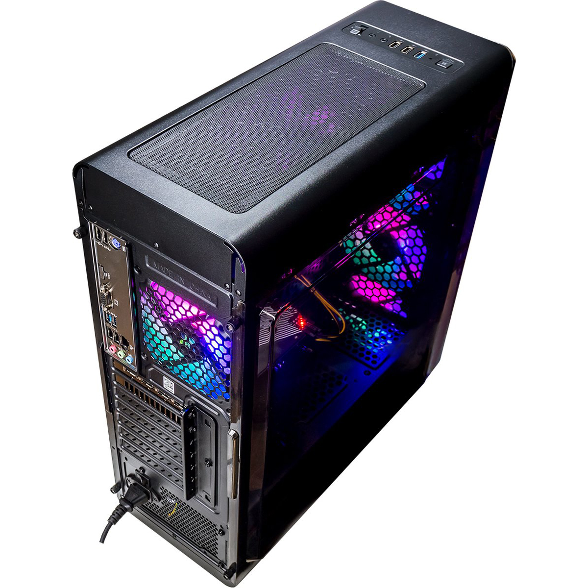 Schwarzes Computergehäuse mit sichtbaren Komponenten: Lüfter, LEDs und interne Hardware.