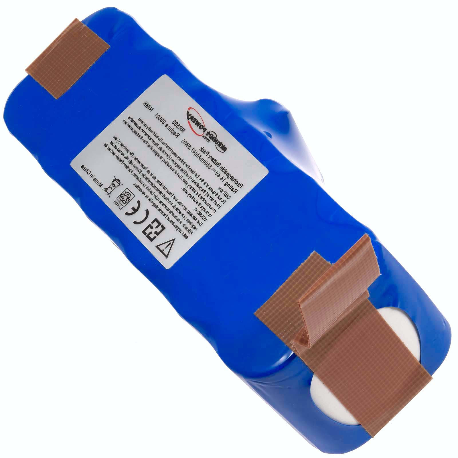 Batería azul con cinta marrón. La batería tiene una pegatina blanca con texto.