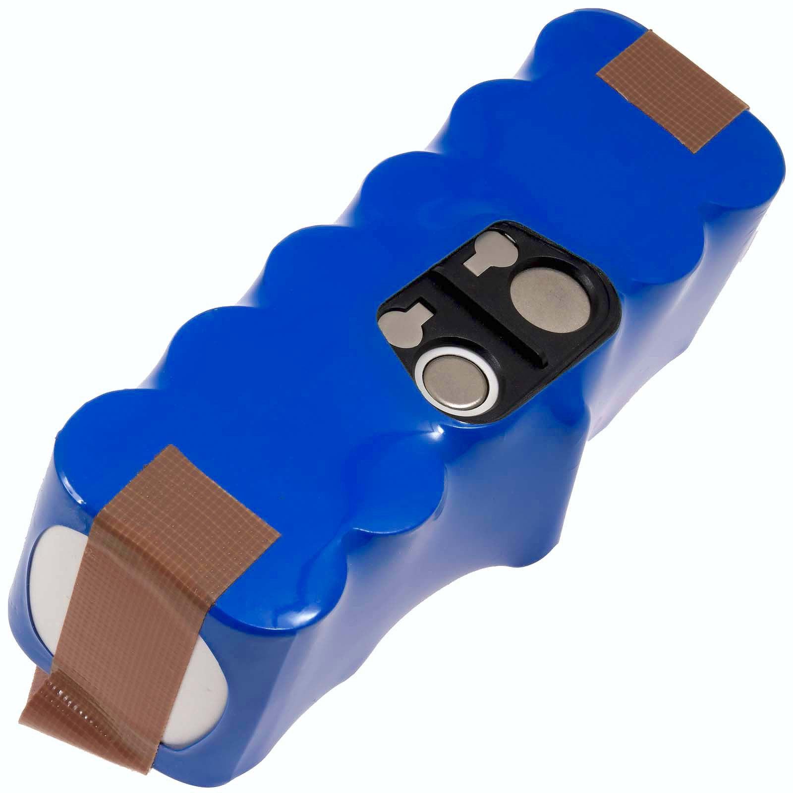 Batería azul con cinta marrón y un conector negro.
