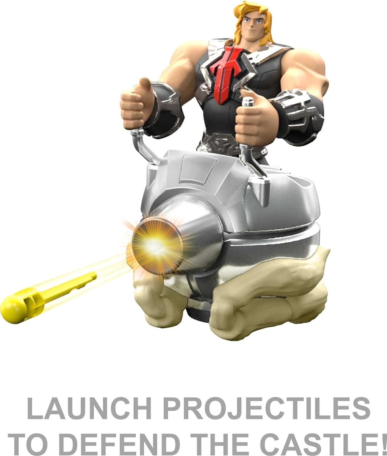 Spielfigur eines muskulösen Mannes auf einem Raketenwerfer. Gelbe Projektile werden abgefeuert. Weißer Hintergrund.