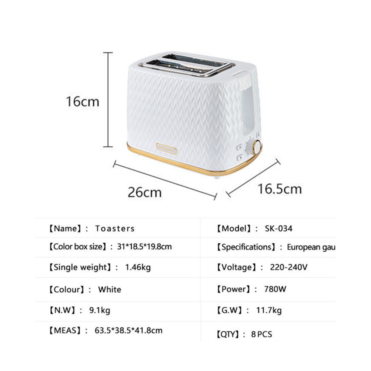 Ein weißer Toaster mit Abmessungen links. Es hat einen goldenen Sockel und einen Tisch mit Text.