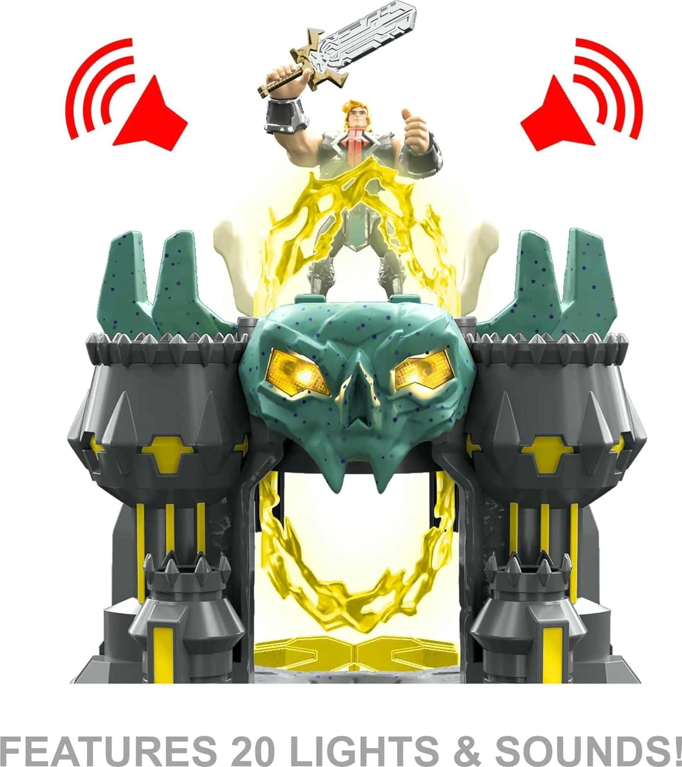 Spielzeugburg mit He-Man-Figur. Grüne und graue Burg, gelbe Energieeffekte und weißer Hintergrund.