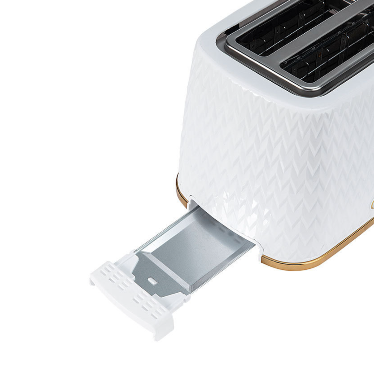 Nahaufnahme eines weißen und goldenen Toasters mit herausgezogener Krümelschublade.