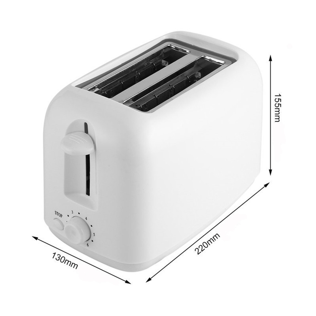 Weißer Toaster mit Maßen. Hat einen Drehregler und einen Hebel.