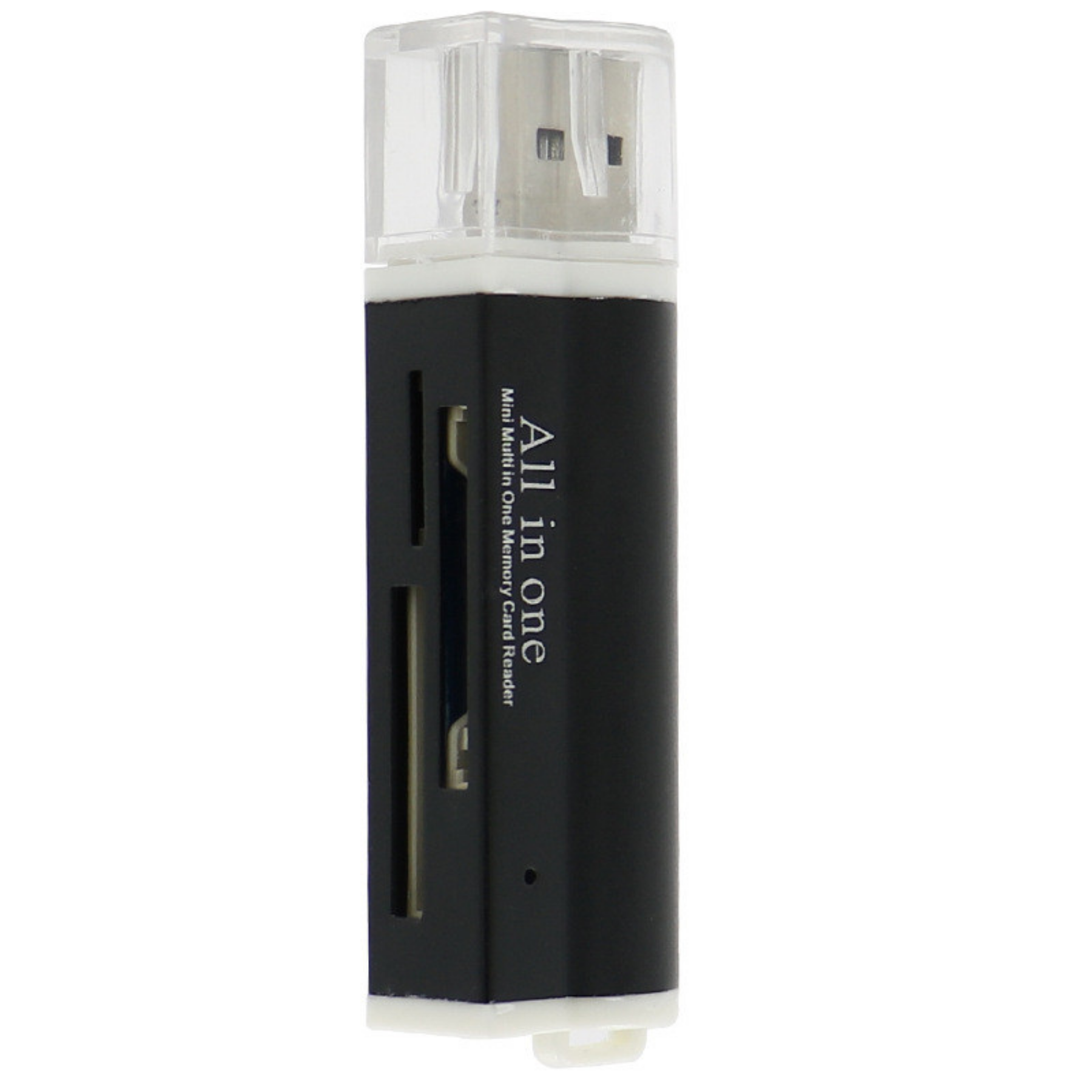 Schwarz-weiß-Multikartenleser. USB-Stecker oben.