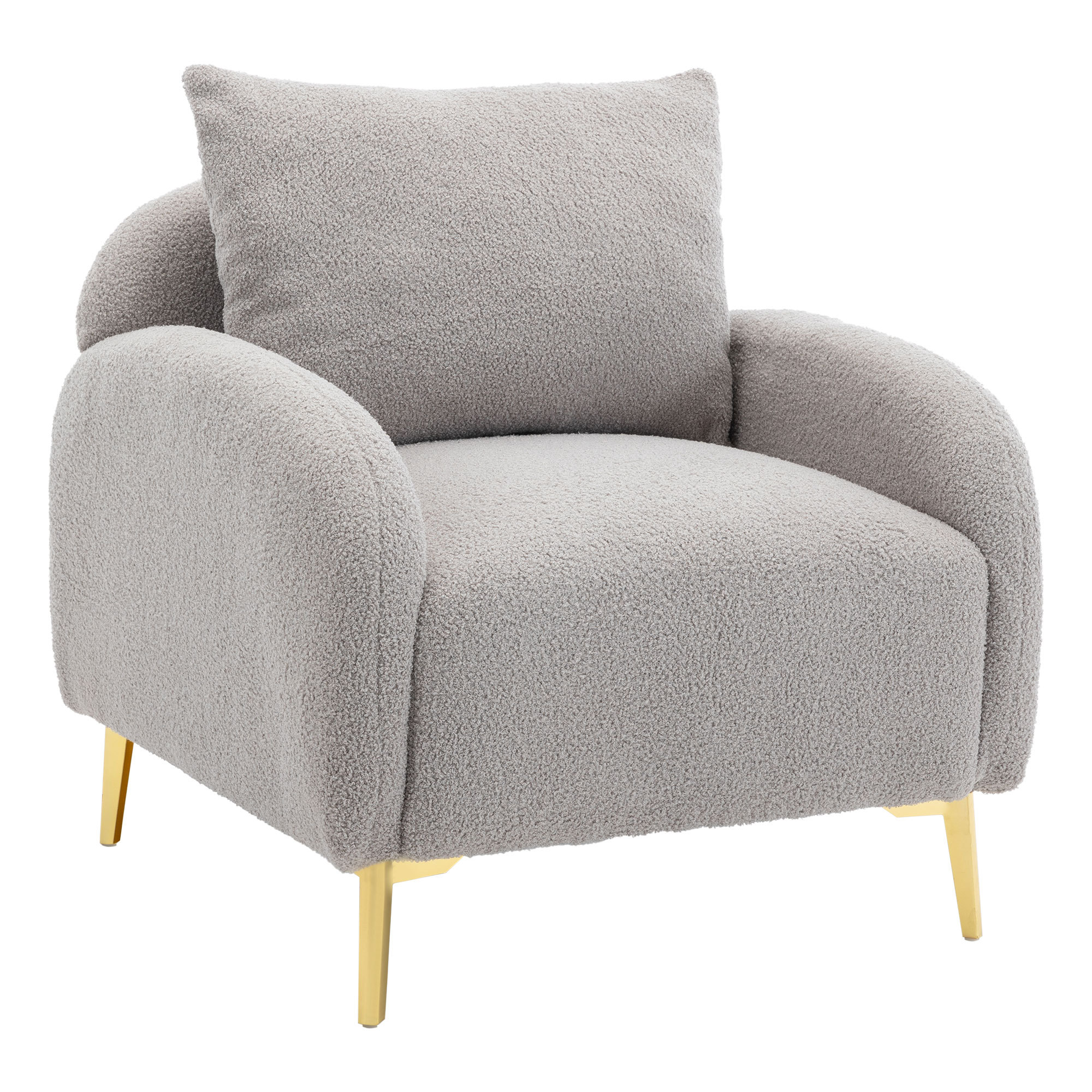 Ein grauer, flauschiger Sessel mit goldenen Beinen und einem Kissen.