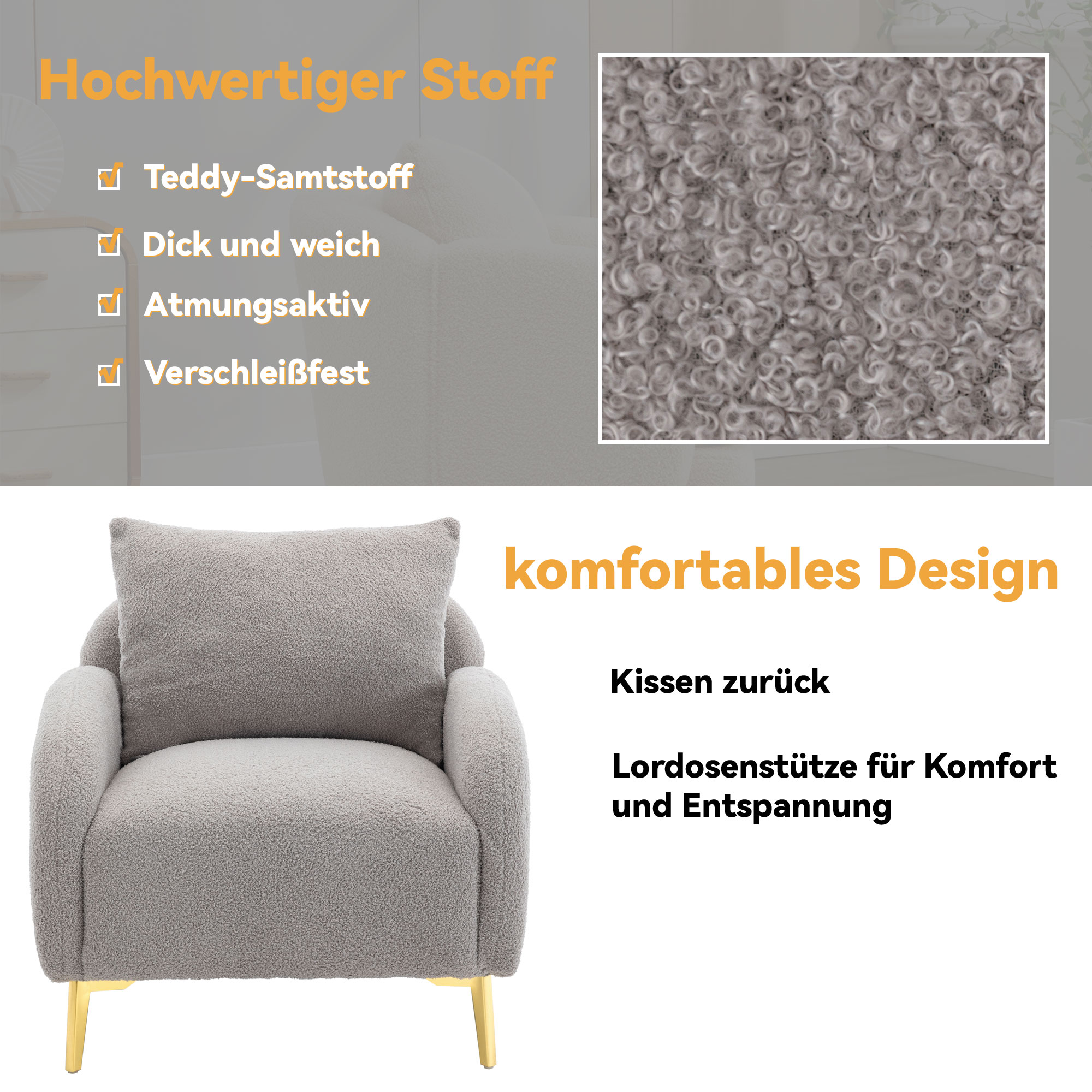 Grauer Sessel mit goldenen Beinen, Detail des Stoffes, und deutscher Text.