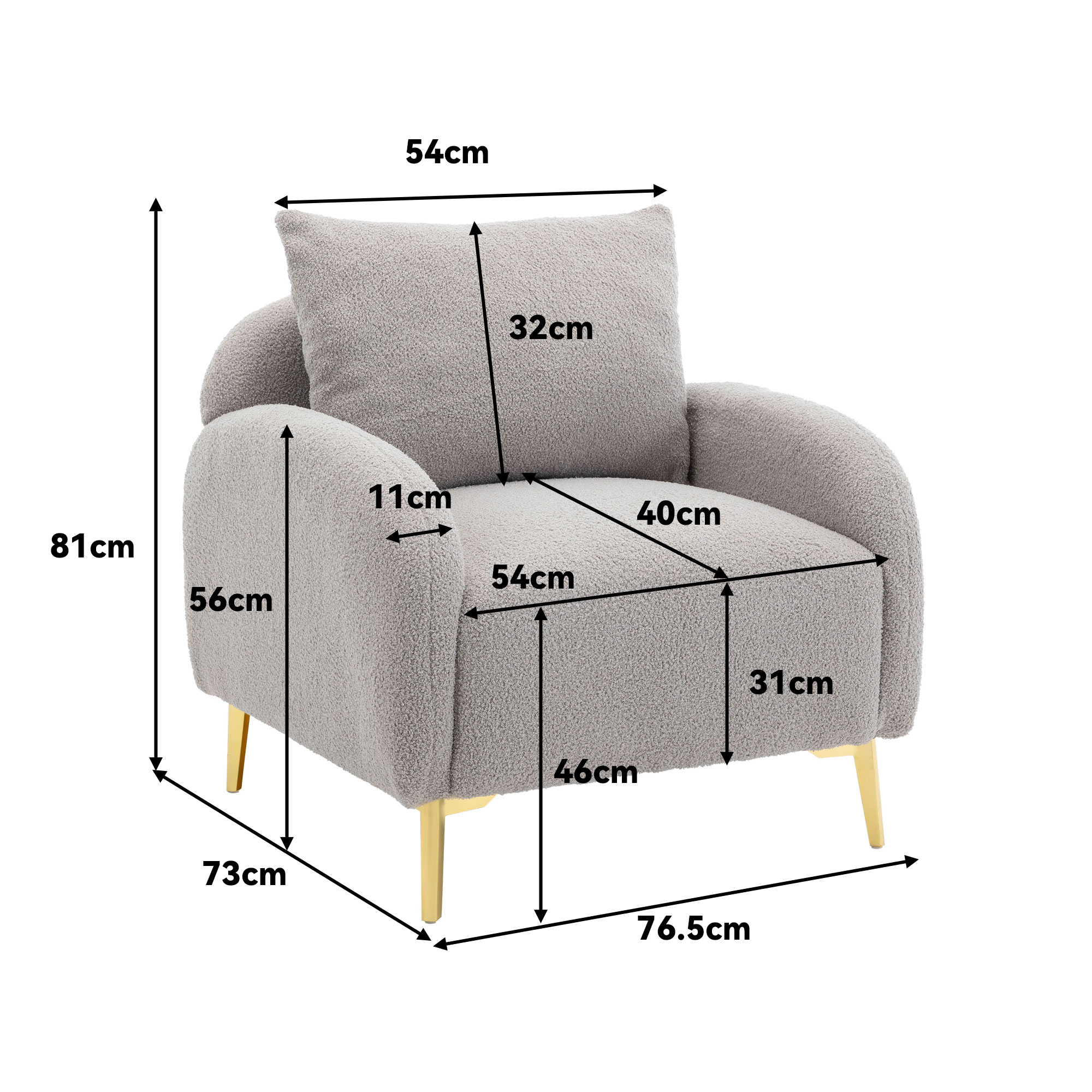 Grauer Sessel mit Maßen. Abmessungen: 81 cm hoch, 73 cm breit, 76,5 cm tief, 54 cm Sitzbreite.