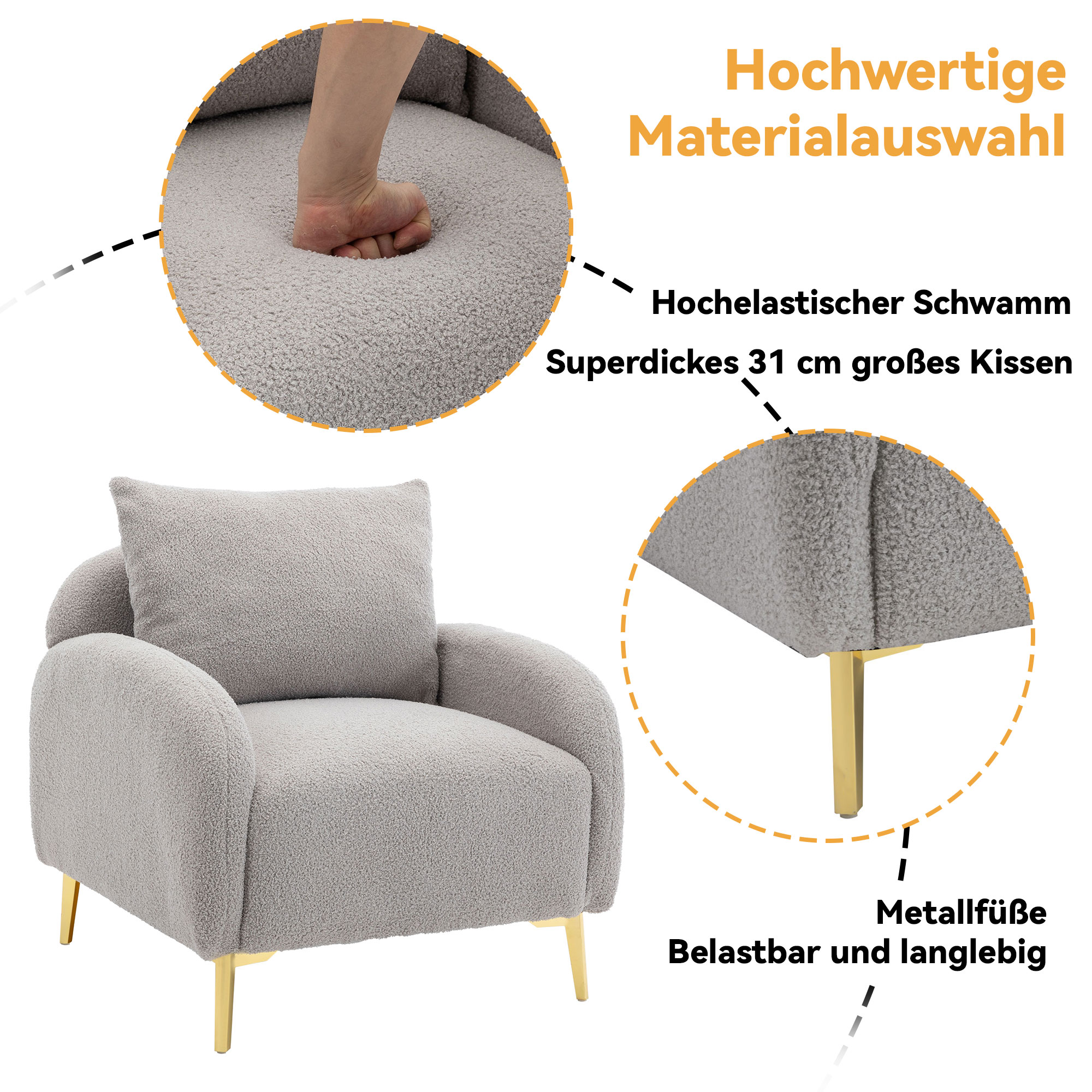 Grauer Sessel mit goldenen Beinen. Eine Hand drückt in ein weiches Kissen. Weißer Hintergrund.