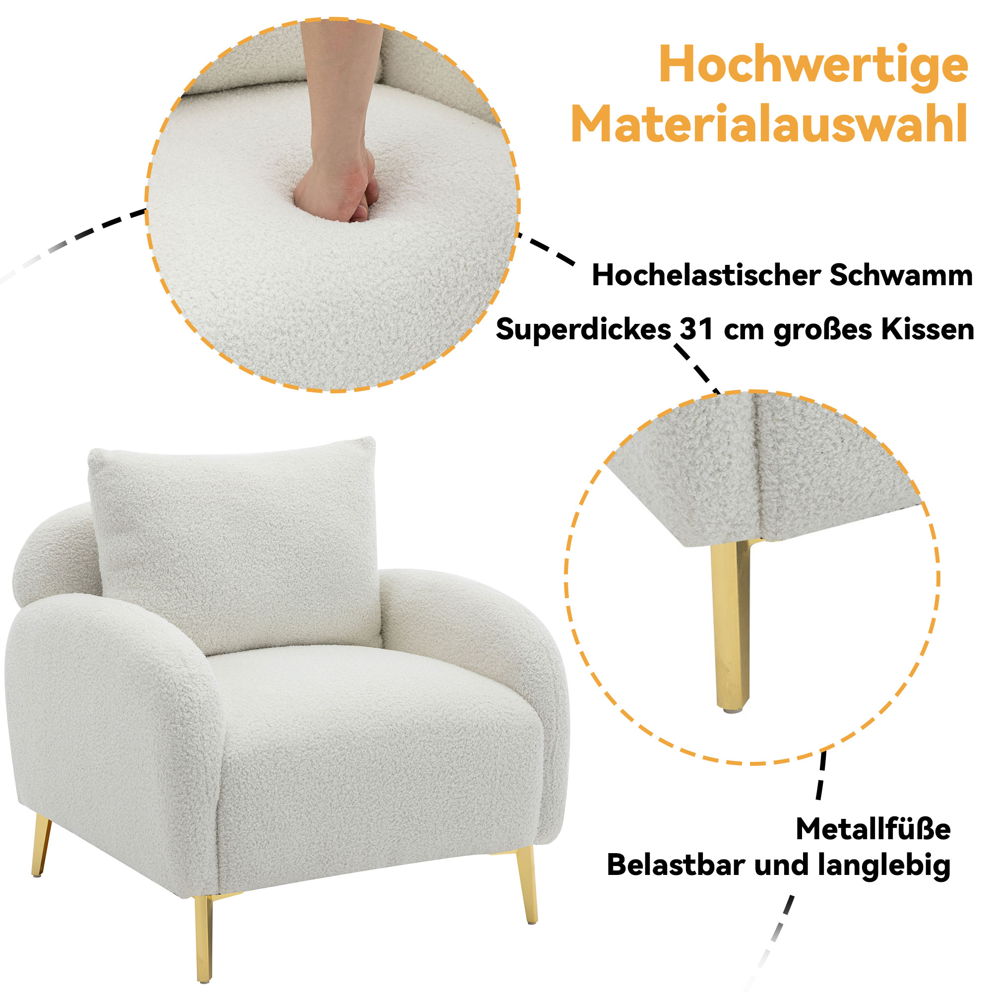 Weißer Sessel mit goldenen Beinen. Eine Hand drückt auf das Sitzkissen.