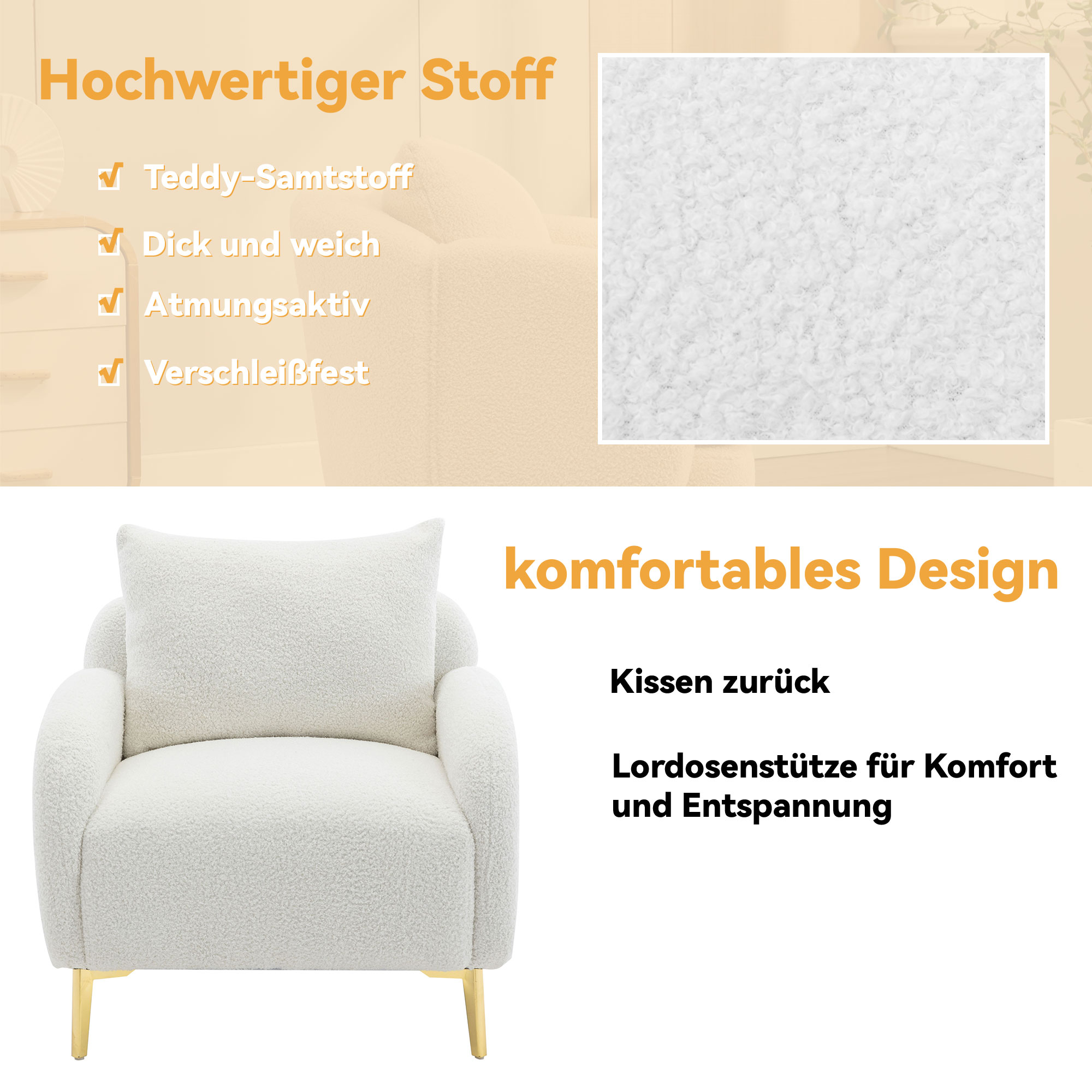 Weißer Sessel. Weißer, strukturierter Stoff, goldene Beine und ein passendes Kissen. Deutscher Text.