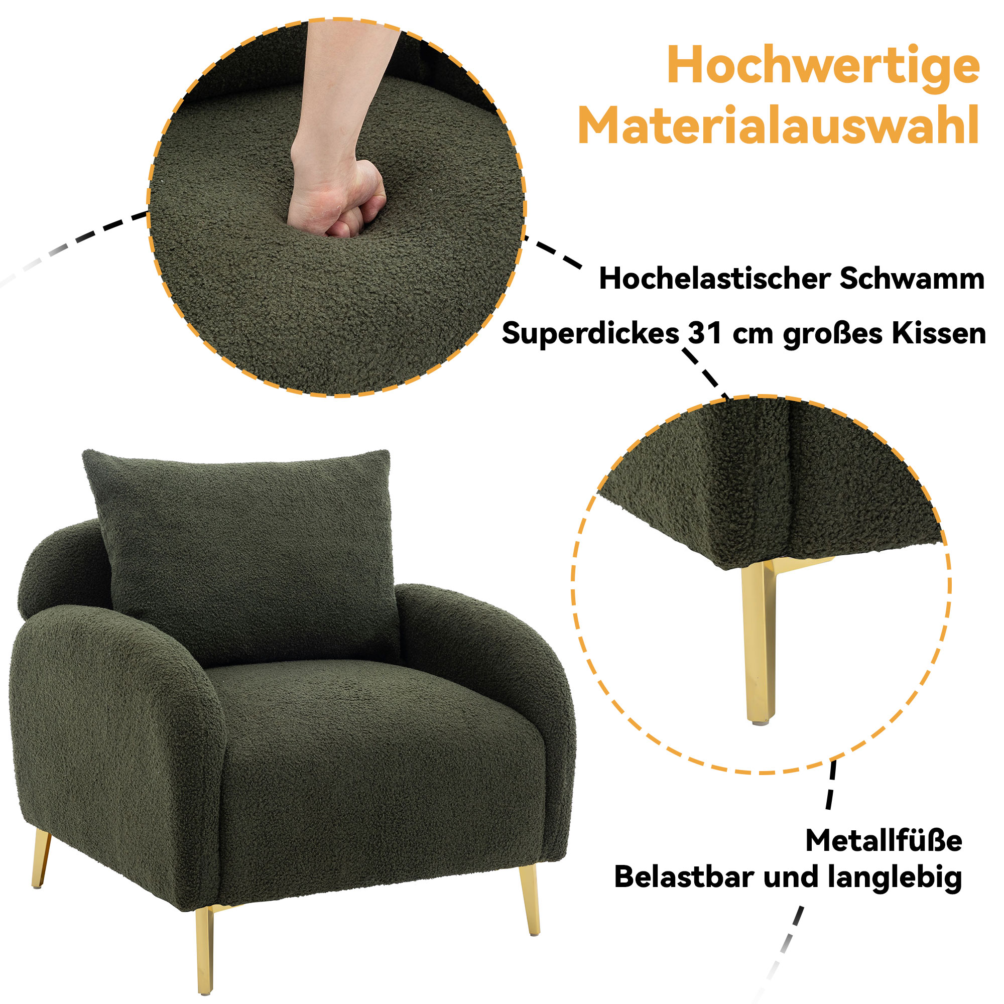 Grüner Sessel mit goldenen Beinen und weichem, strukturiertem Kissen. Weißer Hintergrund.