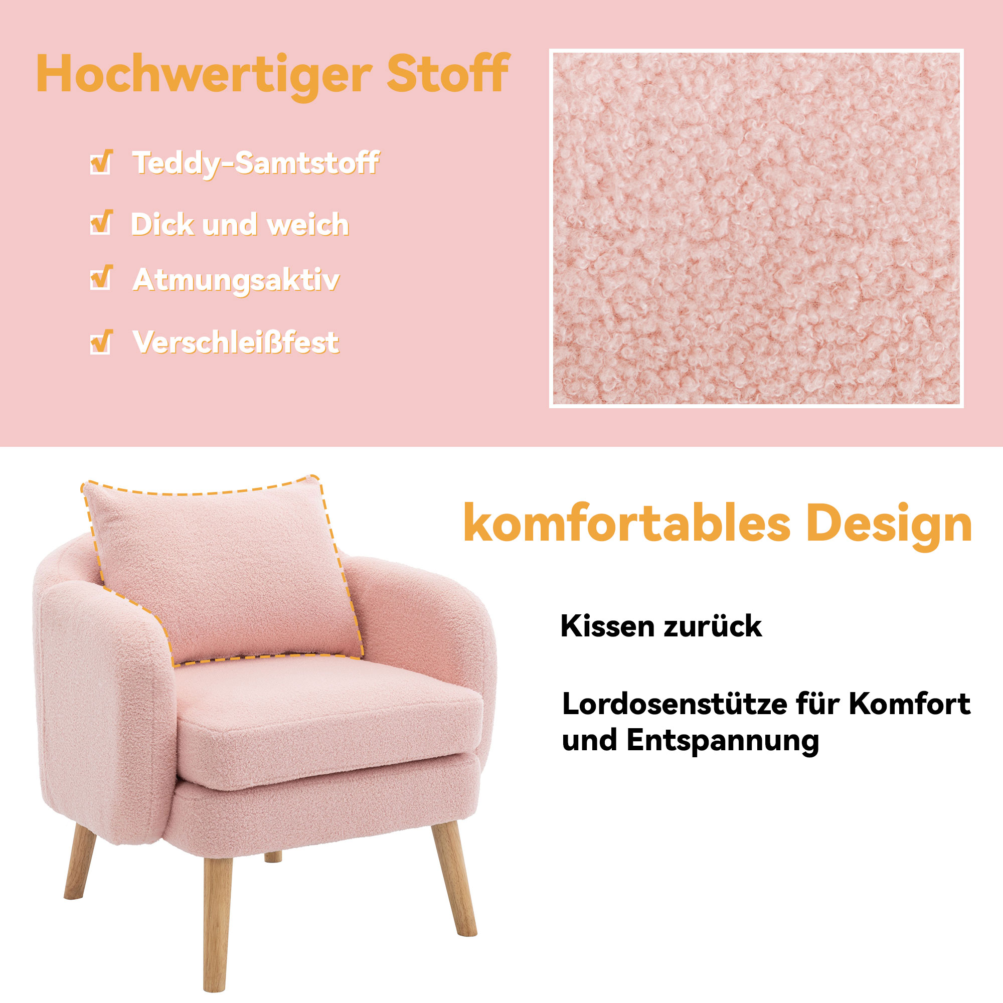 Ein rosa Sessel mit Kissen. Der Text erwähnt hochwertigen Stoff und ein komfortables Design.