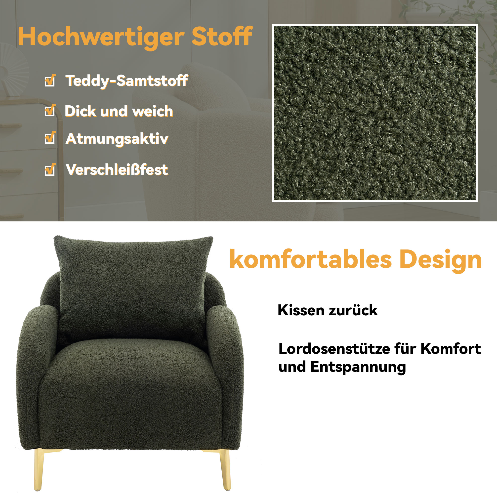 Grüner Sessel mit Goldbeinen und einem Kissen, Text über seine Eigenschaften.