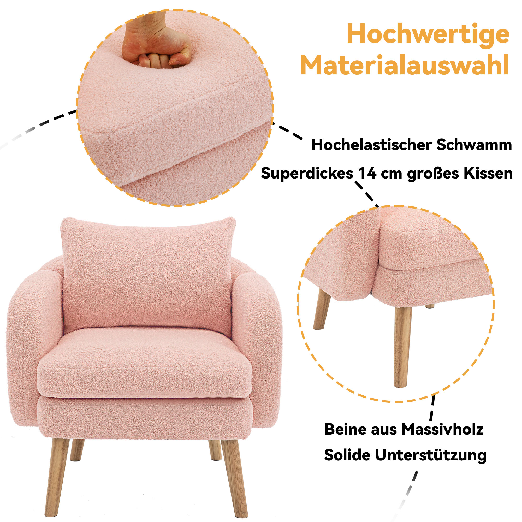 Rosa Sessel mit Holzbeinen und passendem Kissen. Das Bild enthält Text über die Materialien.