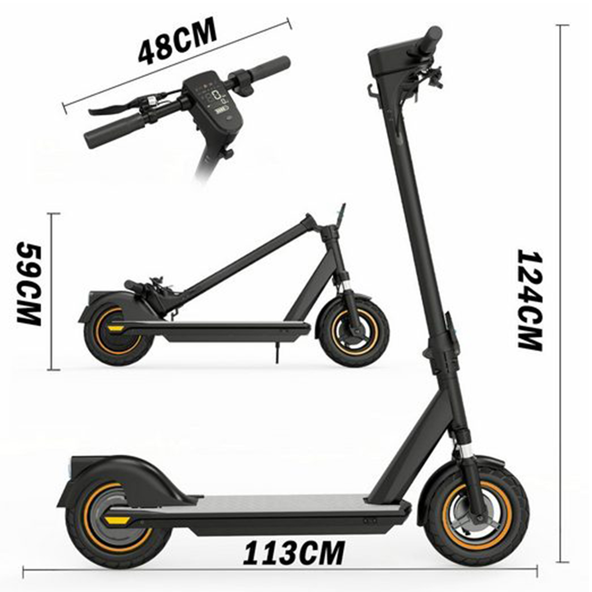 Schwarzer Elektroroller mit Maßen: 124 cm hoch, 113 cm lang, 48 cm Lenker.