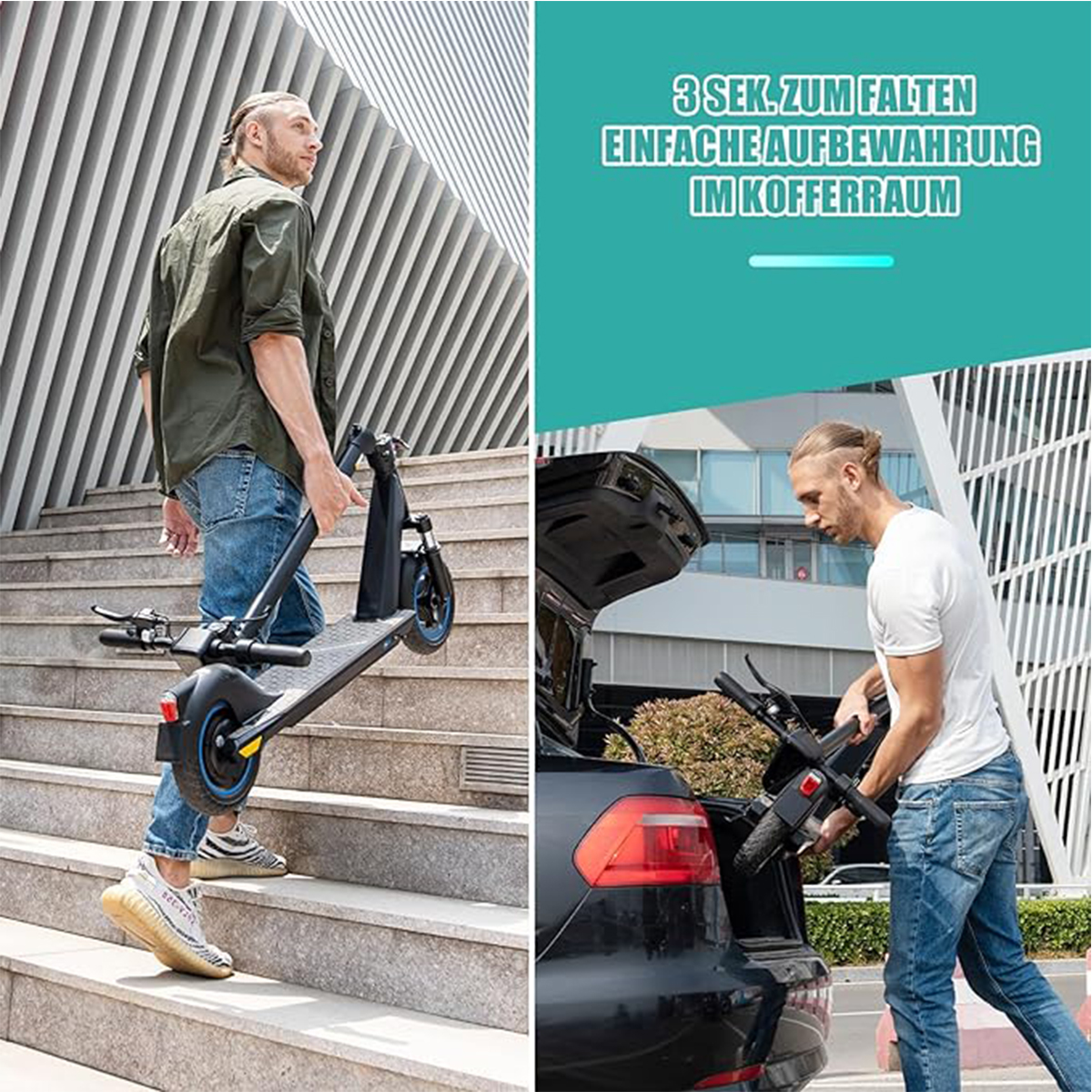 Zwei Bilder. Mann, der einen zusammengeklappten Roller die Treppe hochträgt. Mann, der Roller faltet.