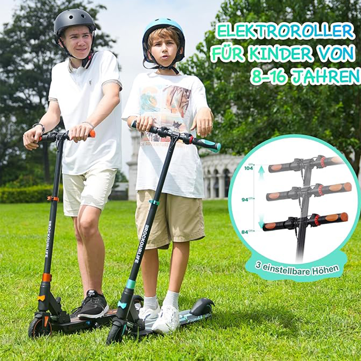 Dos chicos con patinetes sobre hierba. Texto en alemán describe el producto para niños.