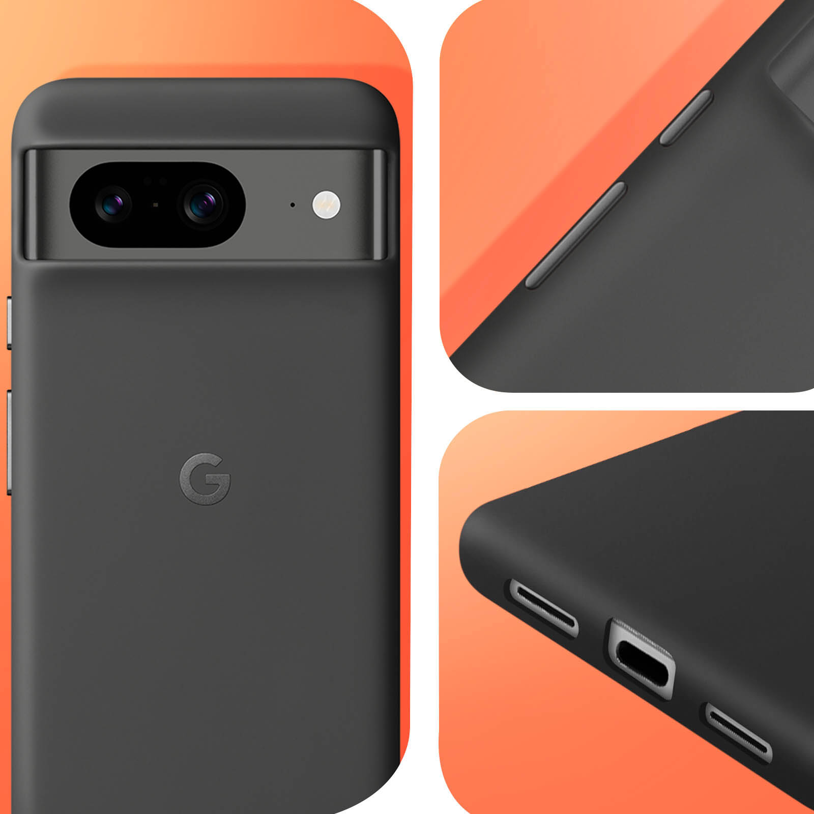 Una funda de teléfono negra con tres vistas diferentes. La funda tiene un logo 'G' y fondo naranja.