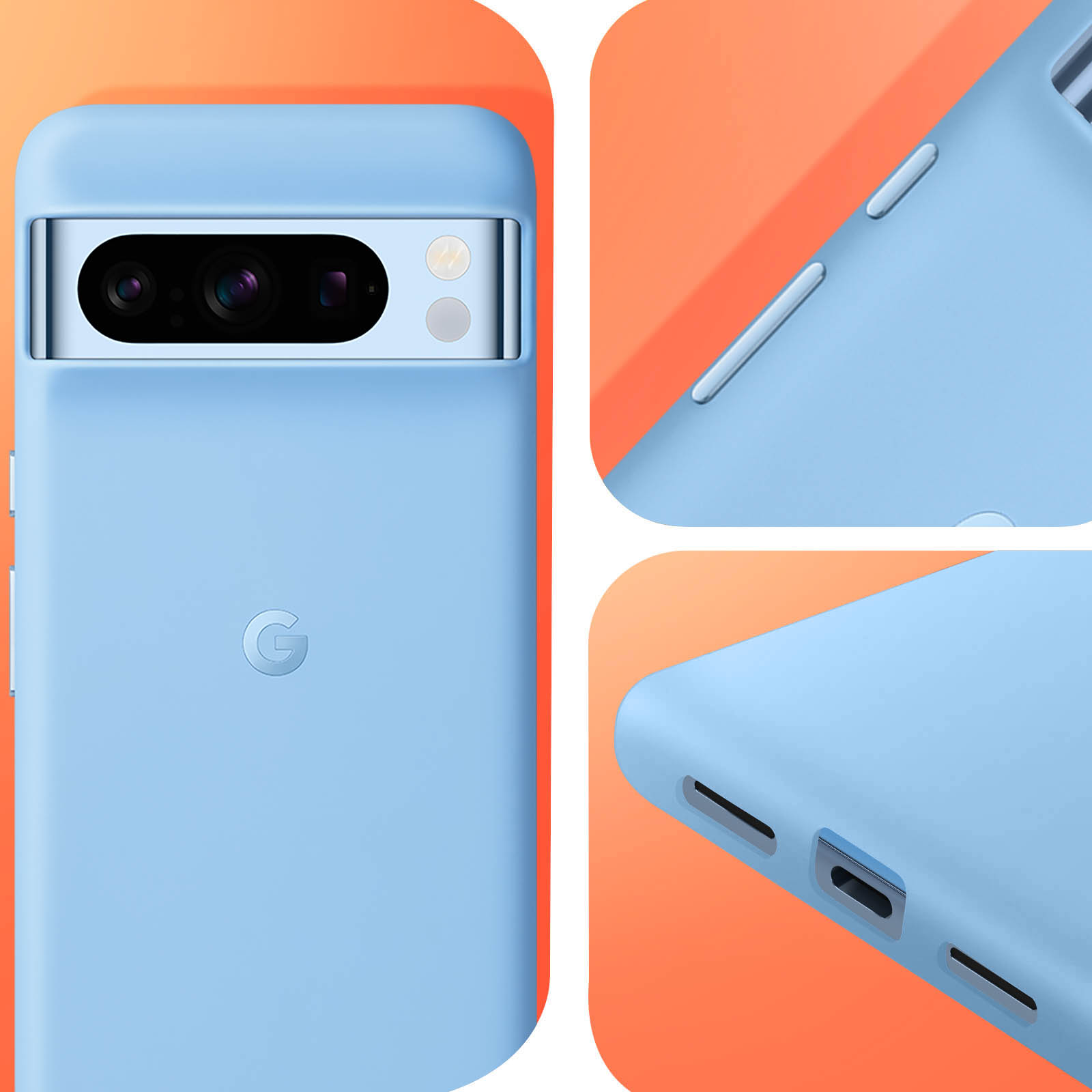 Hellblaues Telefon mit Kamera. Zusätzliche Nahaufnahmen von Telefondetails, orangefarbener Hintergrund.