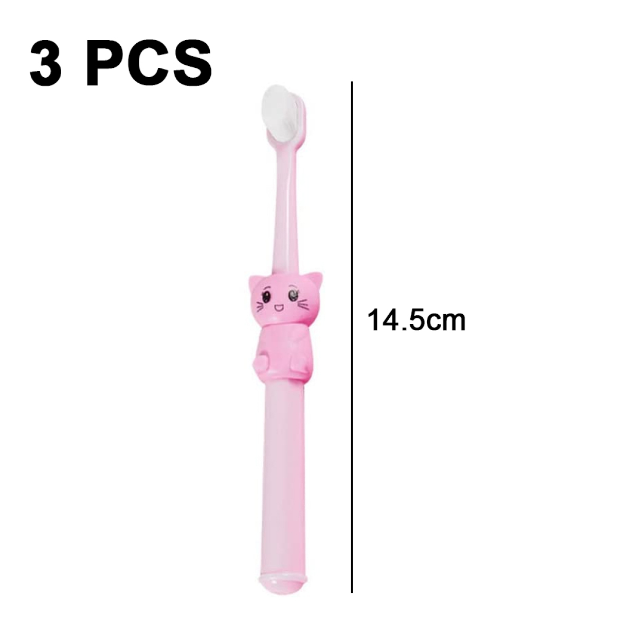 Rosa Katzenförmige Zahnbürste mit weißen Borsten und einer Messung von 14,5 cm.