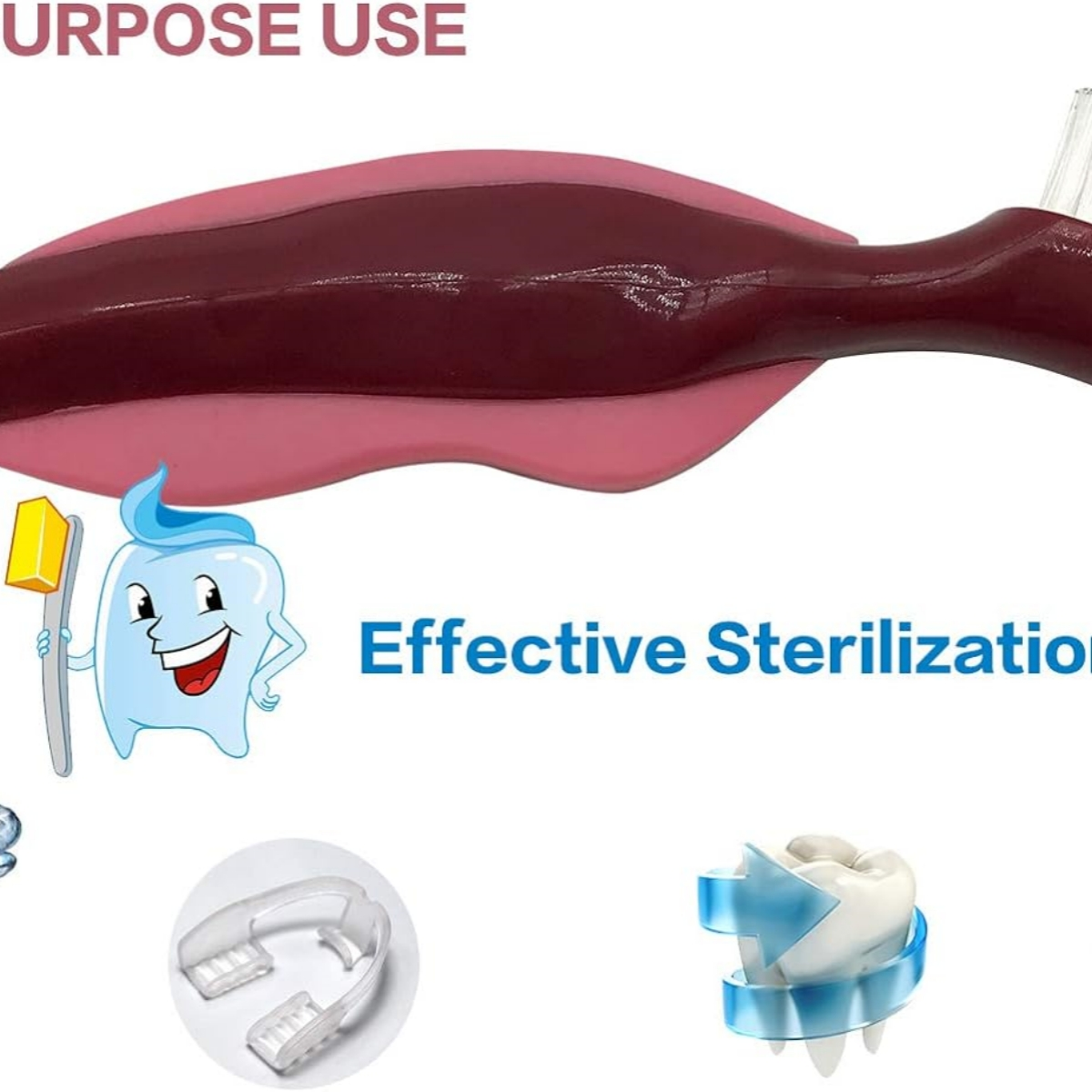Diagramm der Mundhygiene. Enthält einen Zahn, eine Zahnbürste und einen Mundschutz. Text: Effektive Sterilisation.