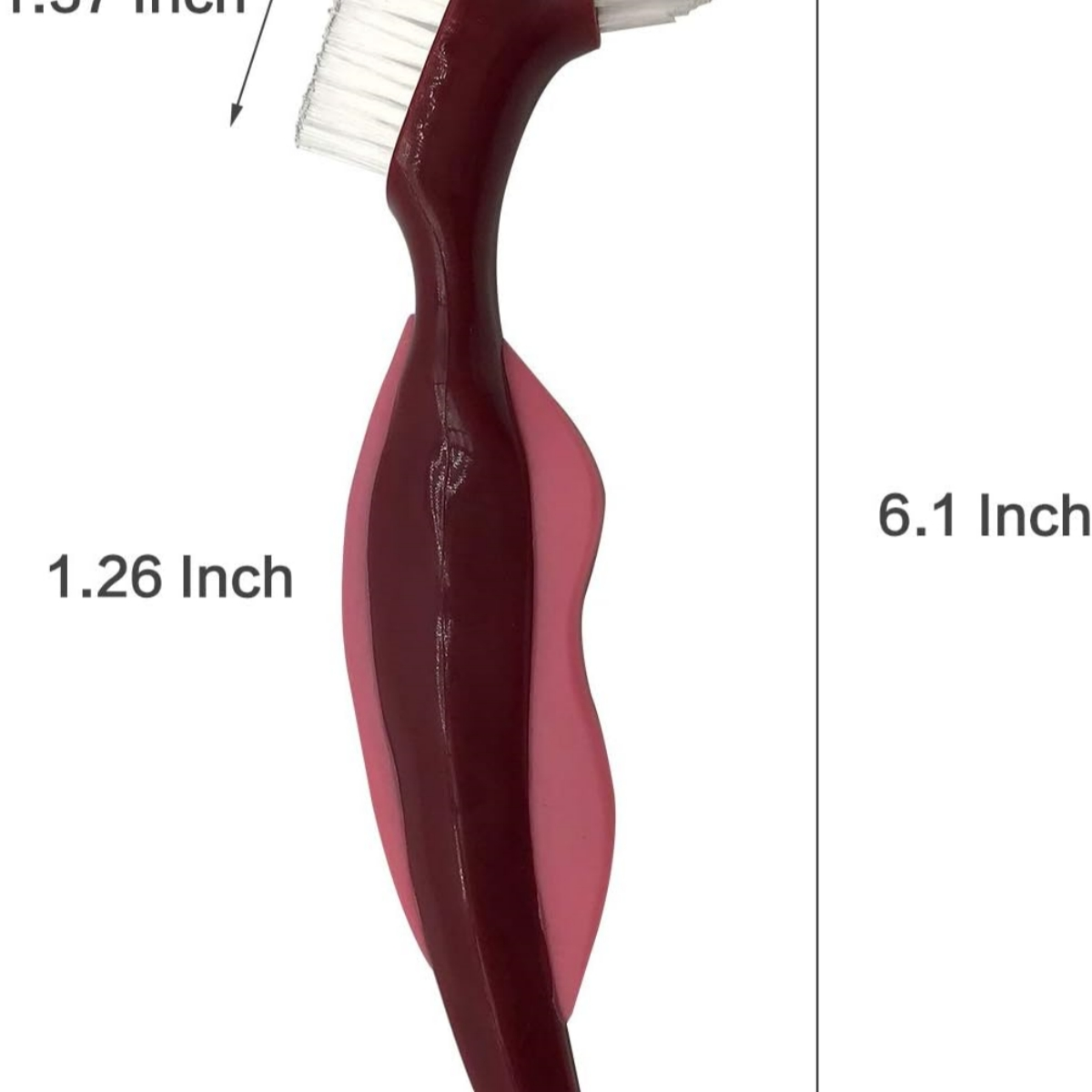 Zahnbürste mit Maßen: 1,26 Zoll und 1,37 Zoll. Roter und rosafarbener Griff.