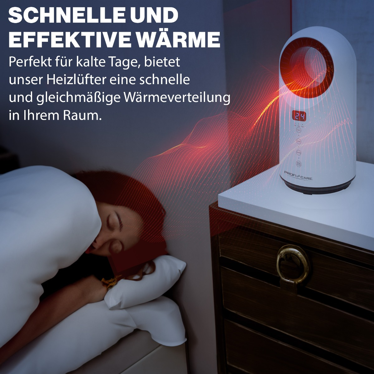 Biało-czerwony grzejnik na stoliku nocnym. Kobieta śpi pod kocem.