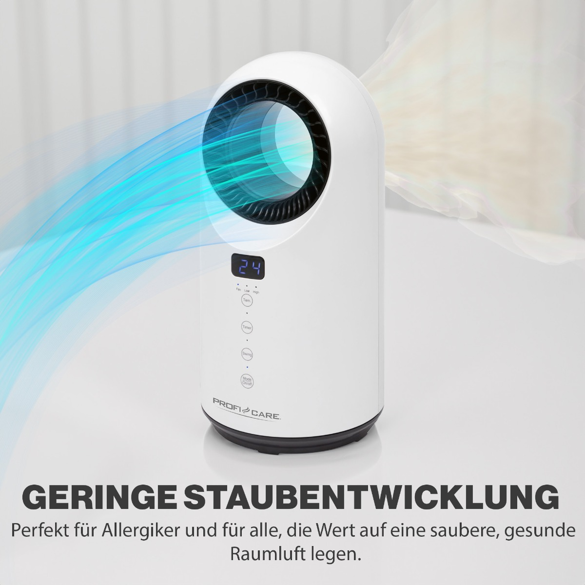 Biały oczyszczacz powietrza z cyfrowym wyświetlaczem i niebieską grafiką przepływu powietrza. Tekst: 'GERINGE STAUBENTWICKLUNG'.