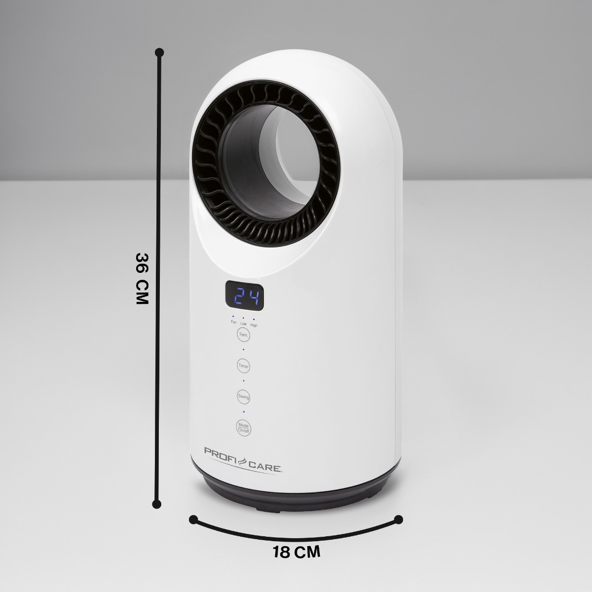 Biały oczyszczacz powietrza z cyfrowym wyświetlaczem i wymiarami 18x36 cm.