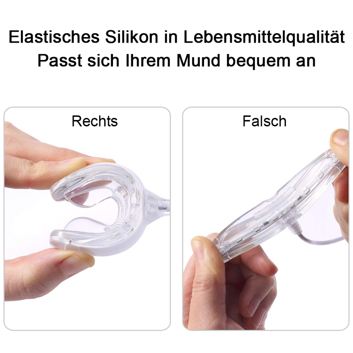 Zwei Bilder zeigen einen Mundschutz. Links 'Richtig', rechts 'Falsch'. Der Text sagt, er passt bequem.