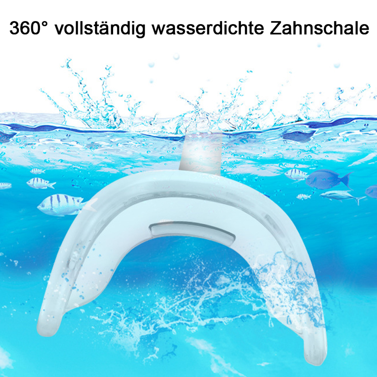 Zahnschutz im Wasser mit schwimmenden Fischen.