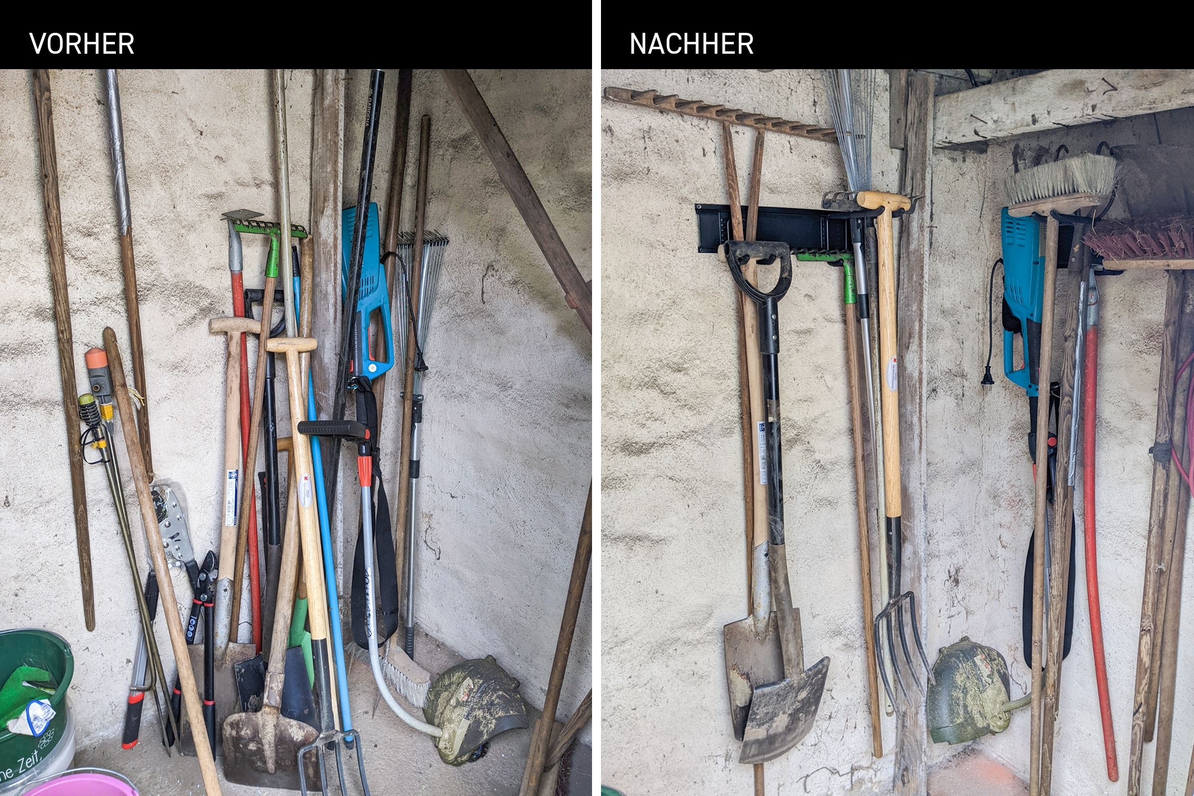 Zwei Bilder, vorher und nachher, eines Werkzeugschuppens mit Werkzeugen, die organisiert sind.