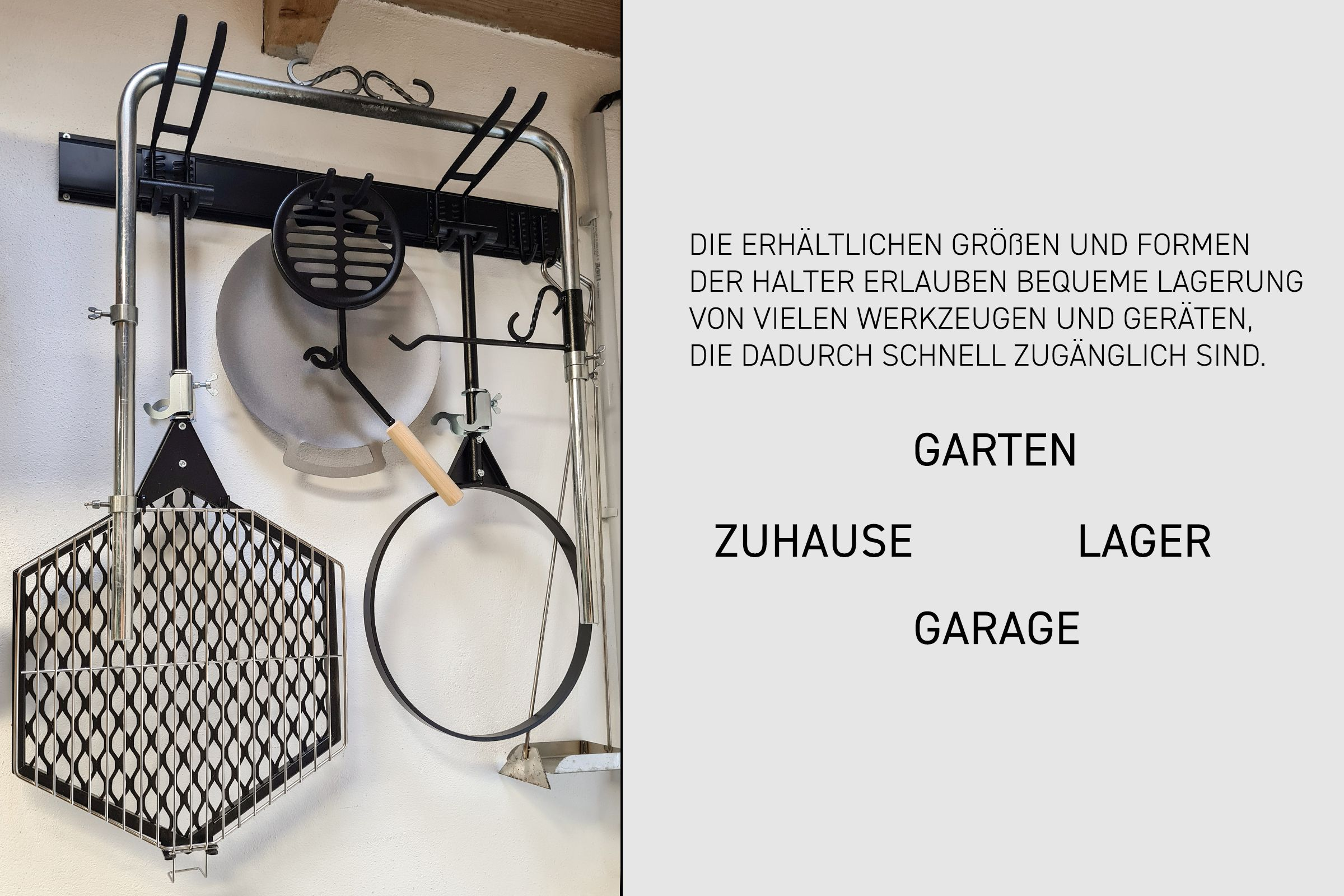 Grillwerkzeuge an der Wand. Text: Größen und Formen ermöglichen eine bequeme Aufbewahrung. Wörter: Garten, Zuhause, Garage.