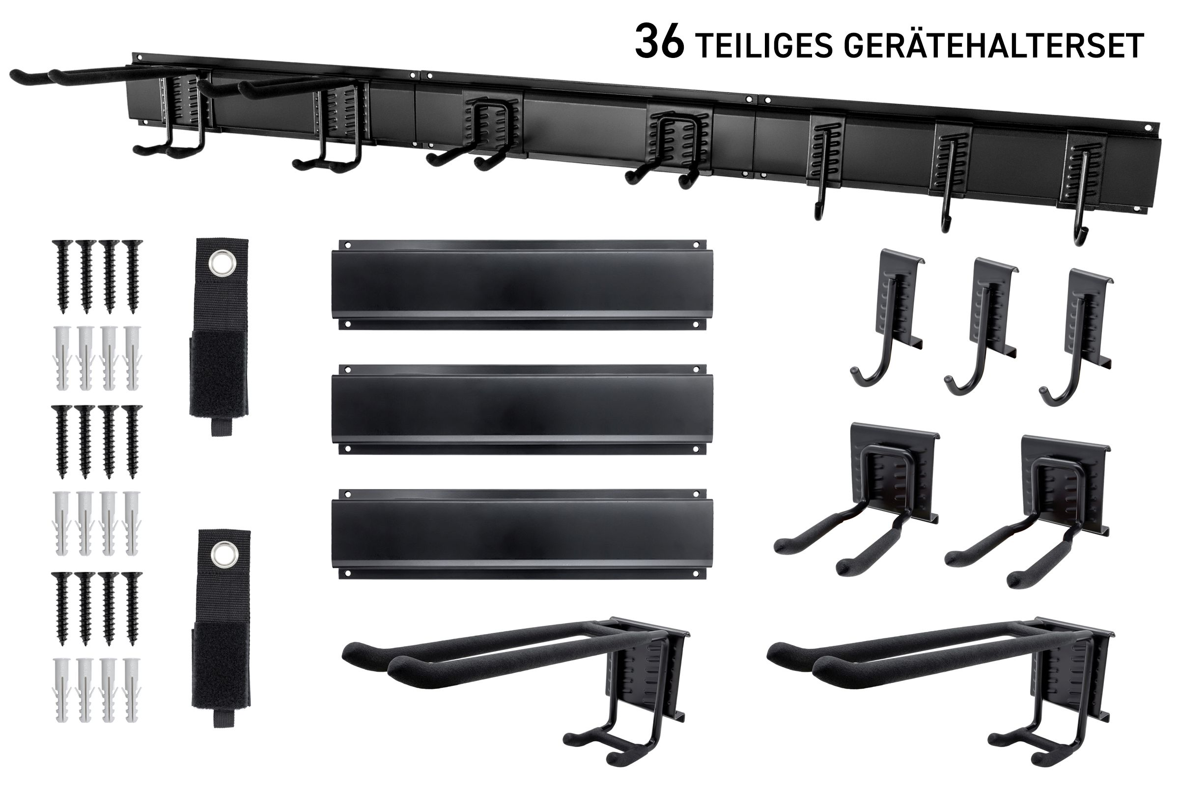 Ein schwarzes, 36-teiliges Werkzeughalter-Set mit verschiedenen Haken und Zubehör.