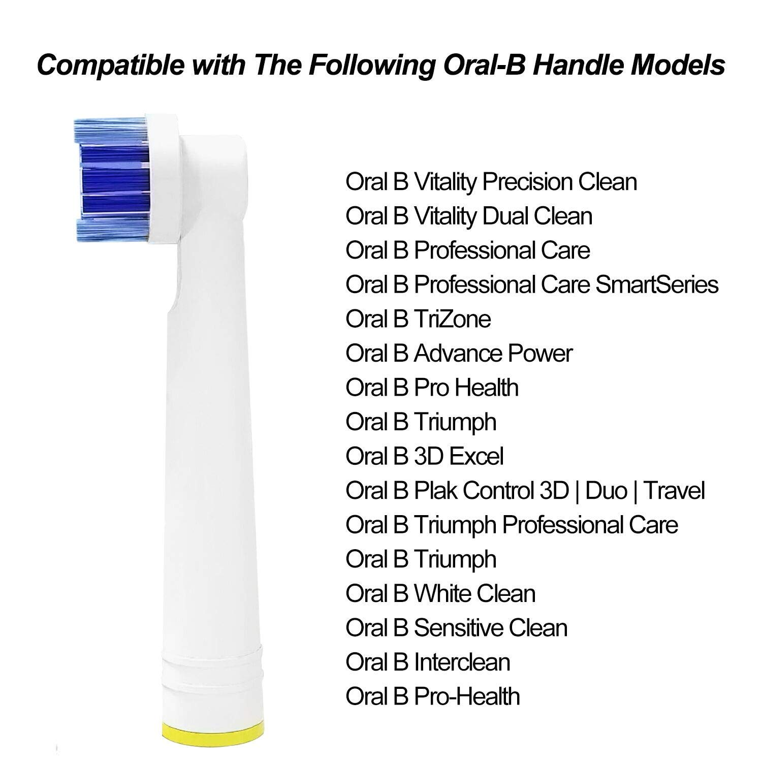 Ein Oral-B-Zahnbürstenkopf, weiß mit blauen Borsten, neben einer Liste kompatibler Oral-B-Modelle.