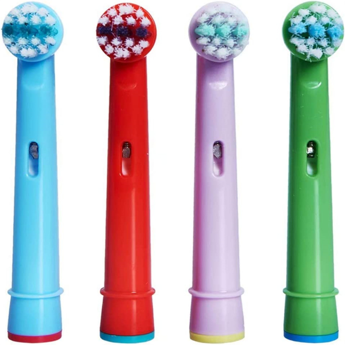 Vier bunte Zahnbürstenköpfe. Blau, rot, lila und grün, jeweils mit unterschiedlicher Borstenfarbe.