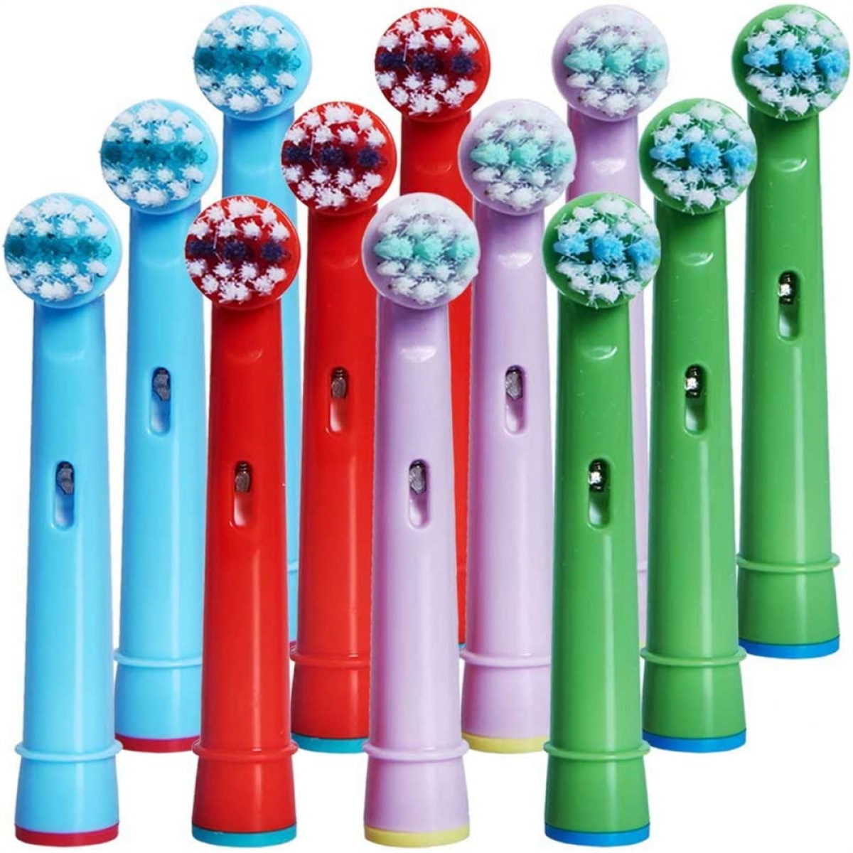 Mehrere bunte Zahnbürstenköpfe. Blau, rot, lila, grün. Borsten sind weiß und blau.