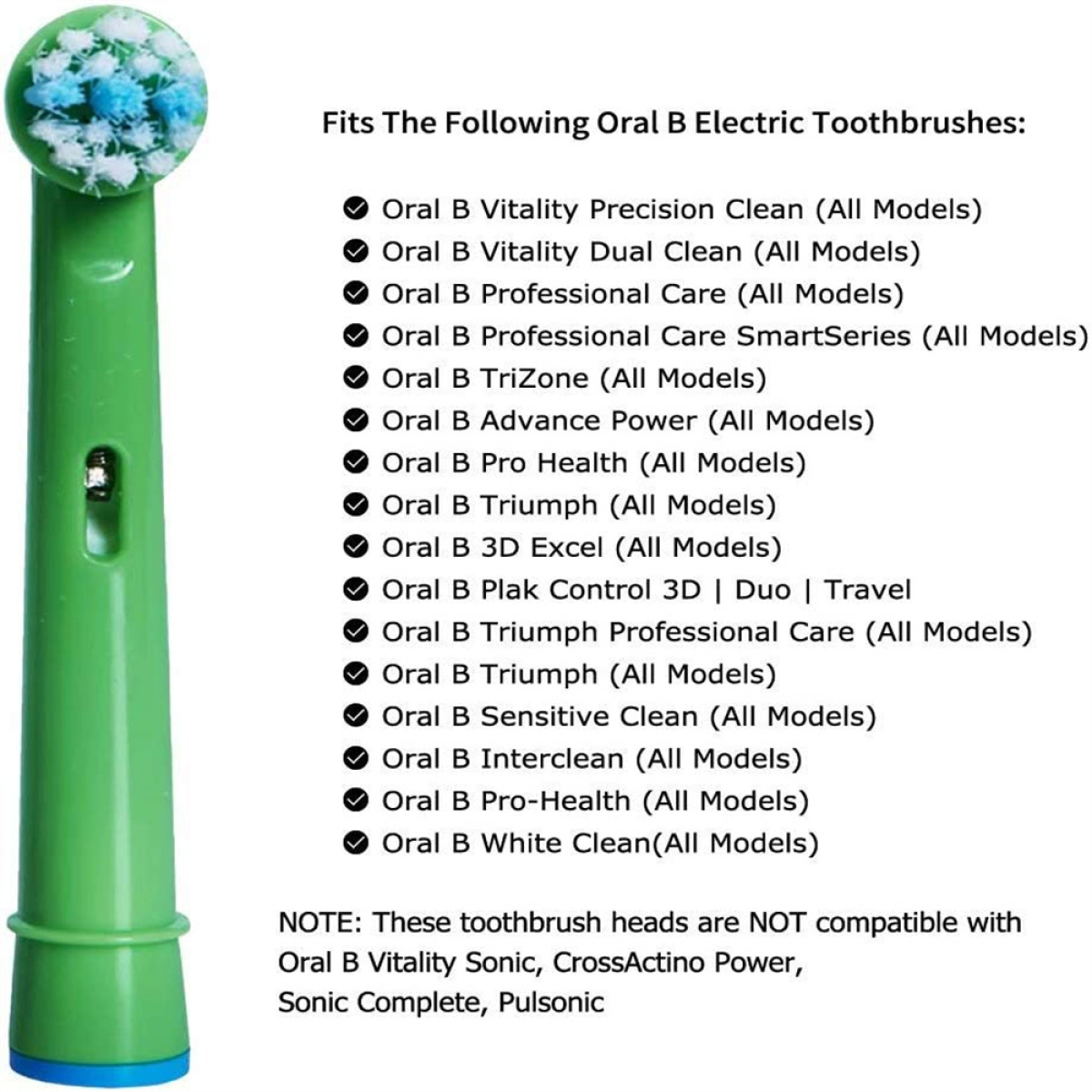 Grüner Oral-B-Zahnbürstenkopf mit blauen Borsten und eine Liste kompatibler Modelle.