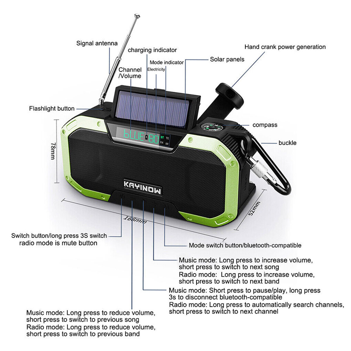Bluetooth, PROSCENIC Handkurbel AM, FM, Solarradio, grüner