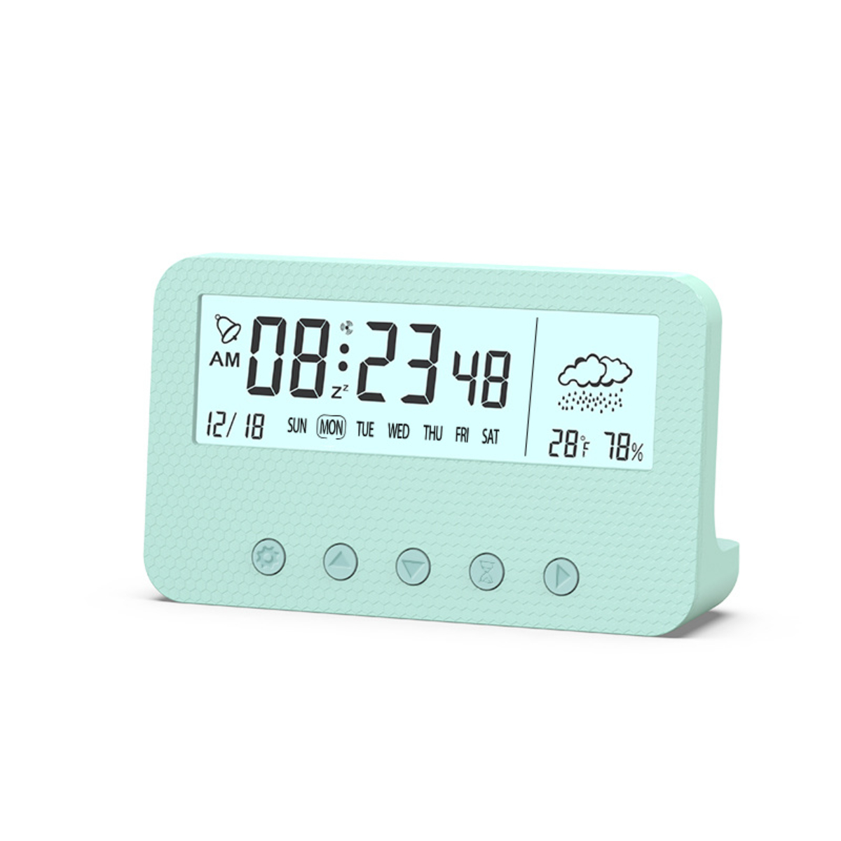 Mintgrüne Digitaluhr mit Anzeige von Zeit, Datum und Wettervorhersage.