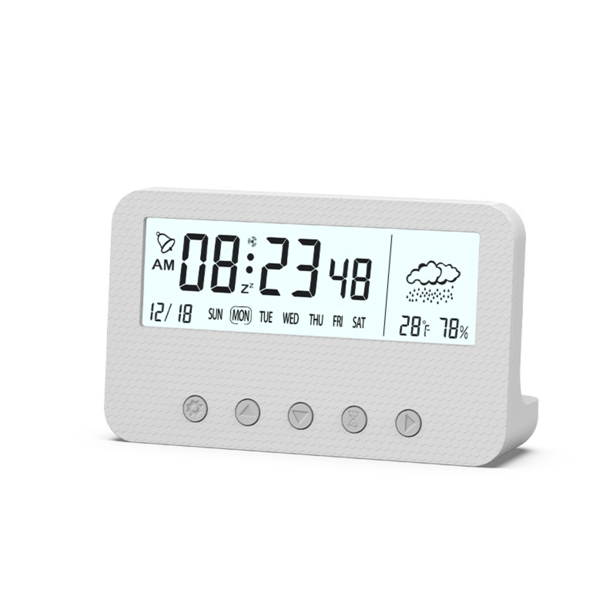 Weißer digitaler Wecker, zeigt Zeit, Datum und Wettersymbole. Hat Knöpfe unten.