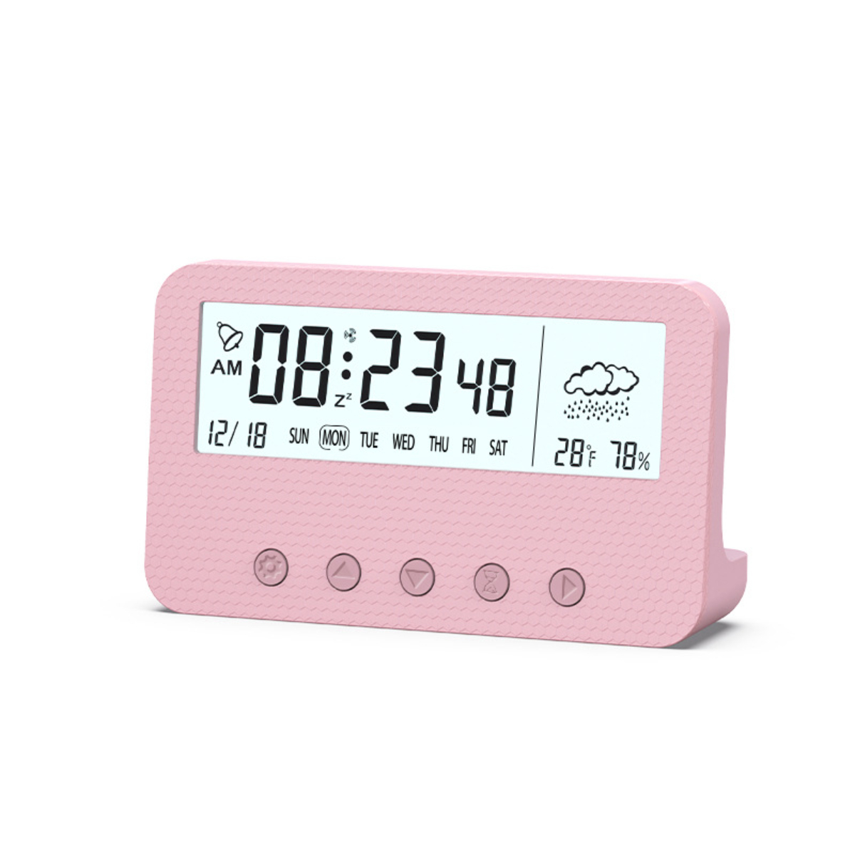 Ein pinkfarbener digitaler Wecker mit 08:23 und Wettersymbol. Es zeigt Datum und Temperatur.