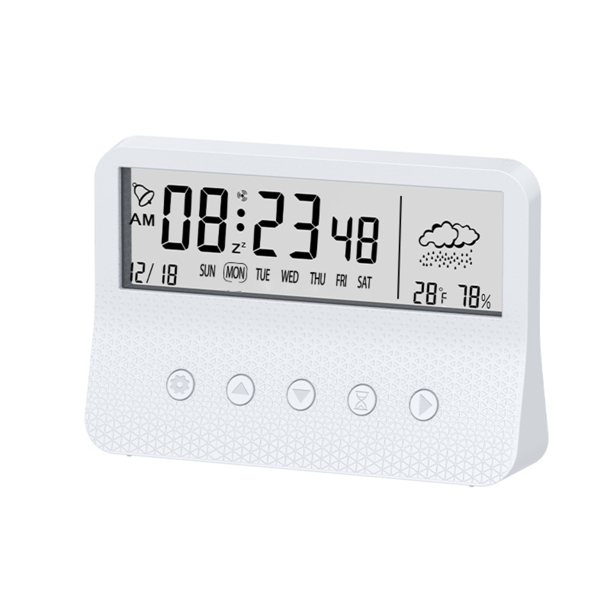 Eine weiße Digitaluhr zeigt Uhrzeit, Datum und Wetter an. Knöpfe befinden sich unter dem Bildschirm.