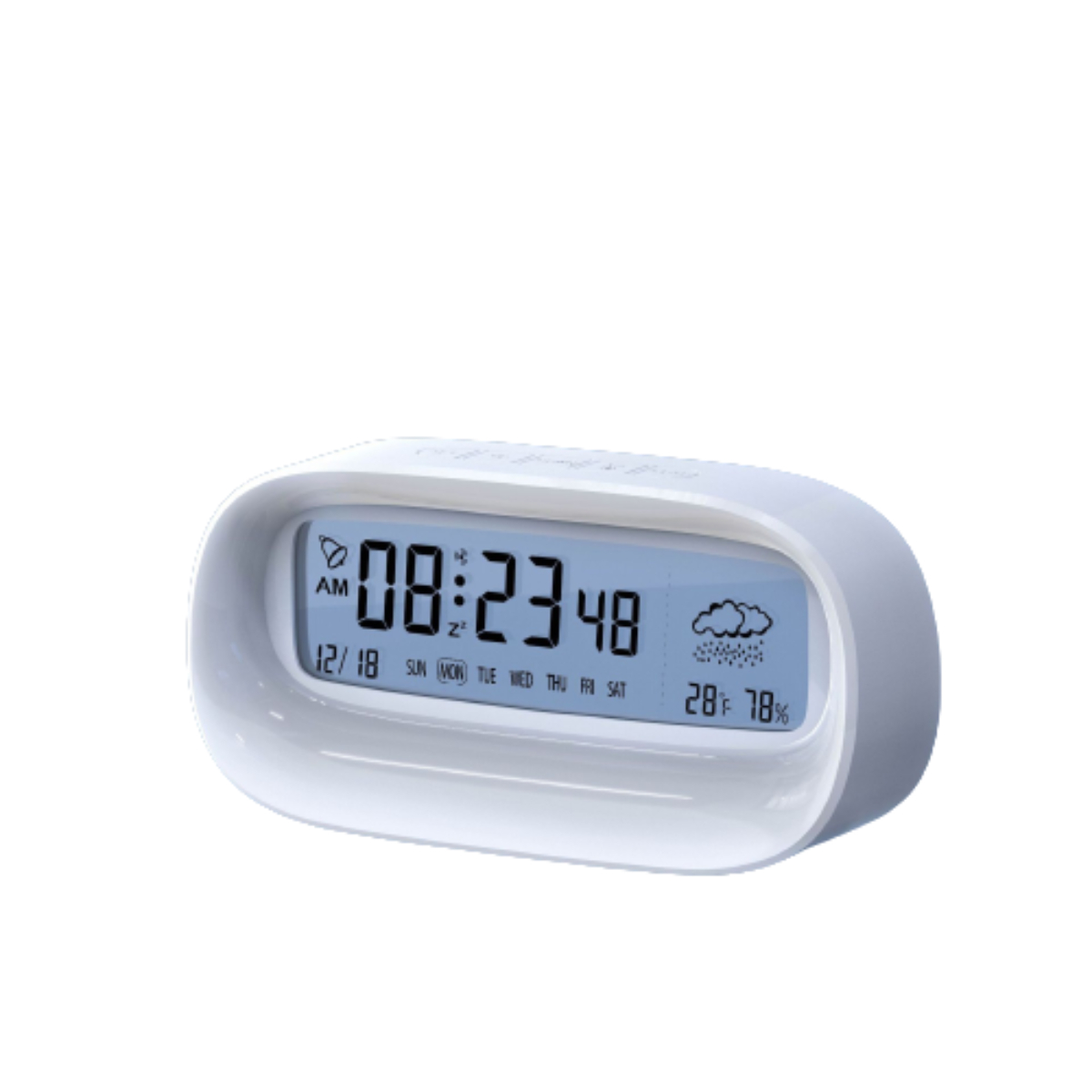 Weißer digitaler Wecker mit hellblauem Display, das Zeit, Datum und Wetter anzeigt.
