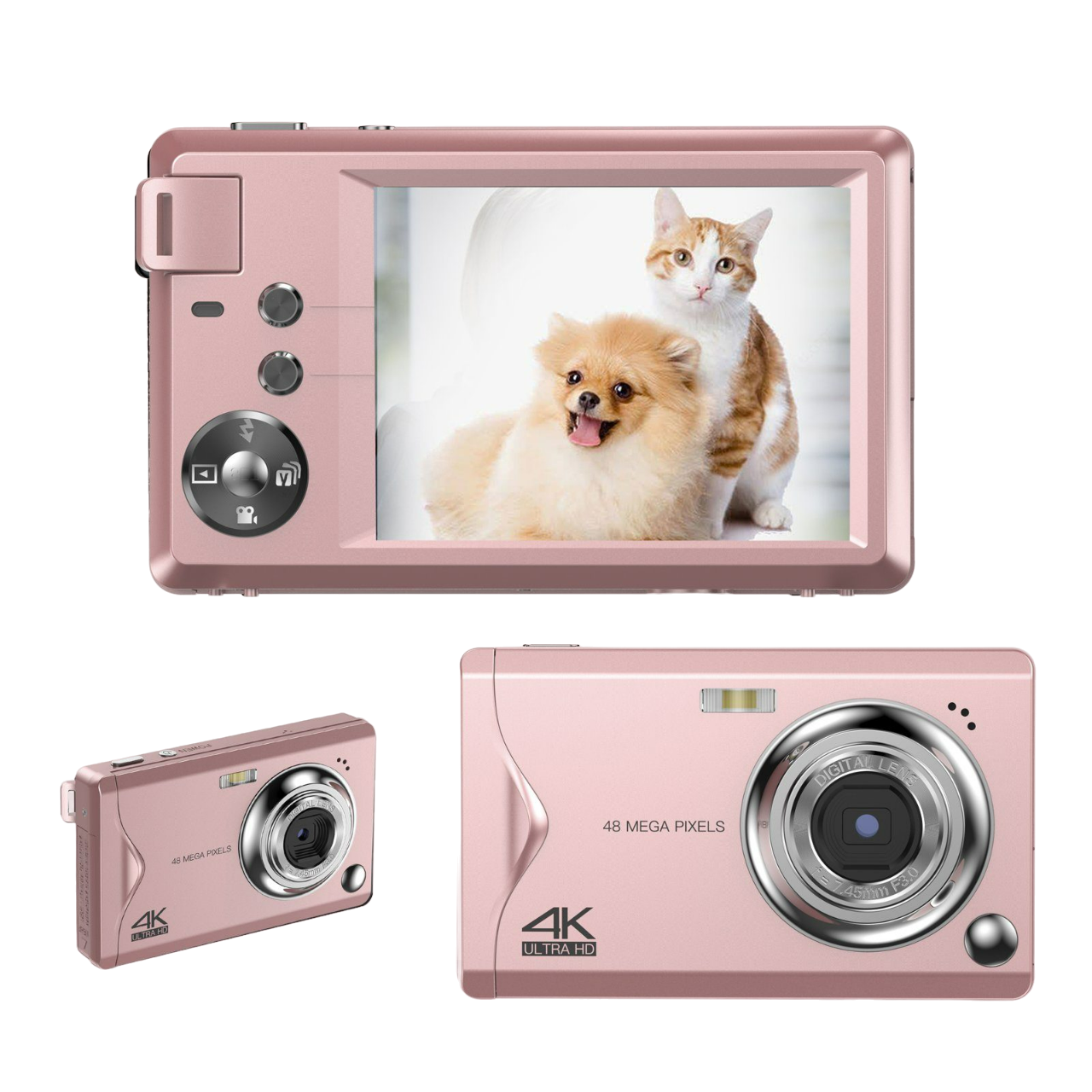 Rosa Digitalkamera mit einem Foto von Haustieren. Zwei weitere Kameras werden ebenfalls gezeigt.