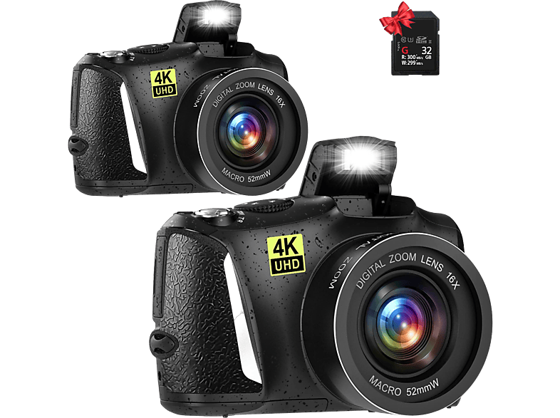 FINE LIFE PRO 48 MP Foto-/hochauflösende 4K 60 FPS Video-Digitalkamera × 2 Einheiten Kompaktkamera Schwarz