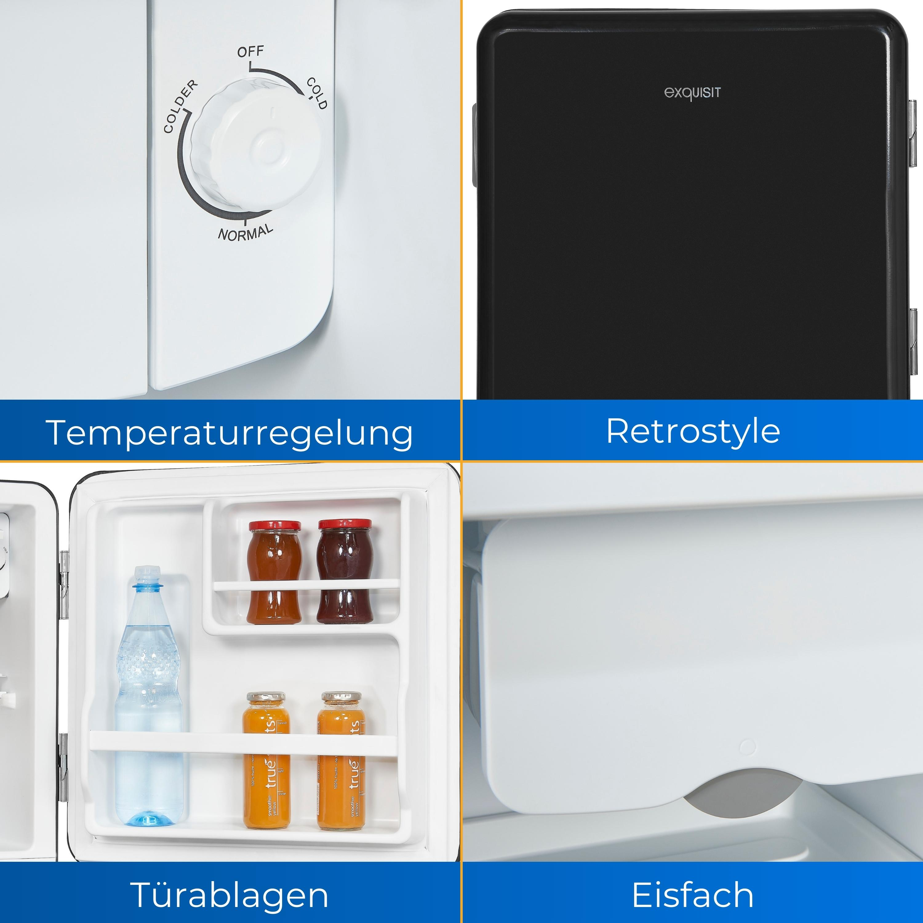 Eine Collage eines Mini-Kühlschranks, die seine Teile zeigt. Sie zeigt Temperaturregler, schwarze Tür und Innenraum.